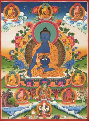 Original Hand Painted Thangka Of Medicine Buddha Flanked By Bodhisattvas | Bhaisajyaguru Tibetan Healing Blue Buddha